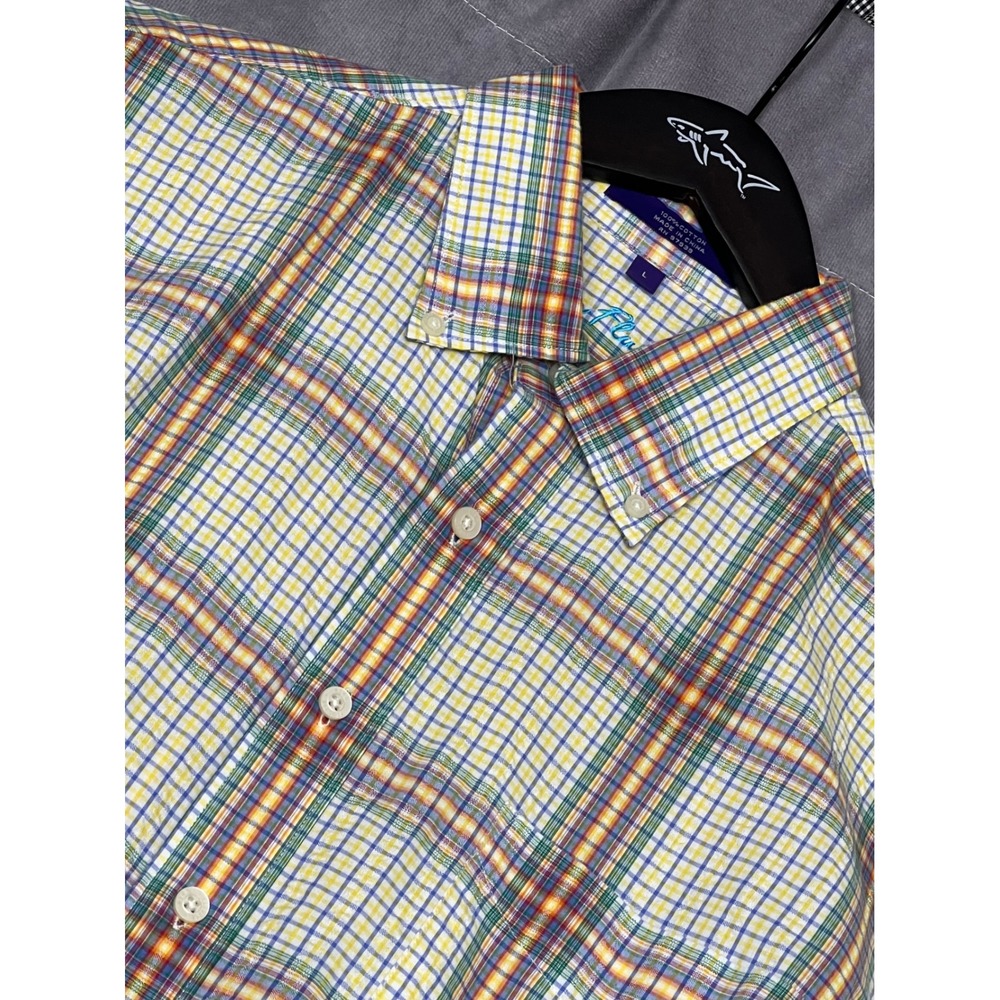 Alan Flusser Button Down Shirt Mens L Yellow Multi Plaid Excellent Seersucker